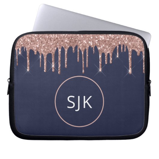 Glitzer Tropfen Mit Monogramm Navy Blue Rose Gold Laptopschutzhülle (Vorderseite)
