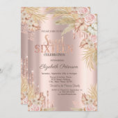 Glitzer Tropfen, Pampas Gras Blume Süß 16 Einladung (Vorne/Hinten)