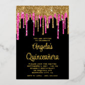 Glitzer-Tropfen Quinceañera, Schwarzes Gold und ti Folieneinladung (Vorderseite)
