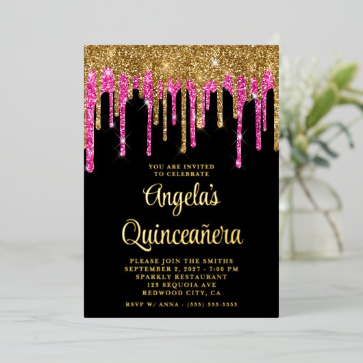 Glitzer-Tropfen Quinceañera, Schwarzes Gold und ti Folieneinladung (Stehend vorne)