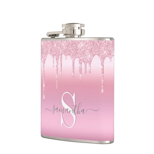 Glitzer Tropfen Rosa Personalisiert Flasche Flachmann (Links)