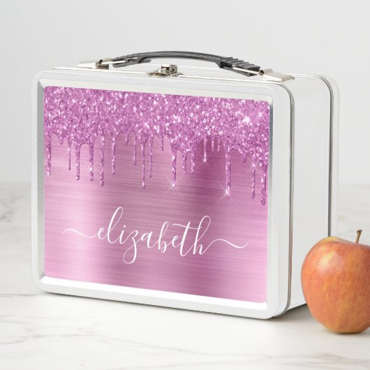 Glitzer Tropfen Rosa Personalisiert Metall Brotdose (Beispiel)