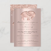 Glitzer Tropfen Rose Babydusche Elefant Einladung (Vorne/Hinten)