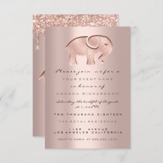 Glitzer Tropfen Rose Babydusche Elefant Einladung (Vorne/Hinten)