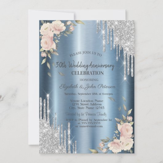 Glitzer Tropfen, Rose, Blue Wedding Jubiläum Einladung (Vorderseite)