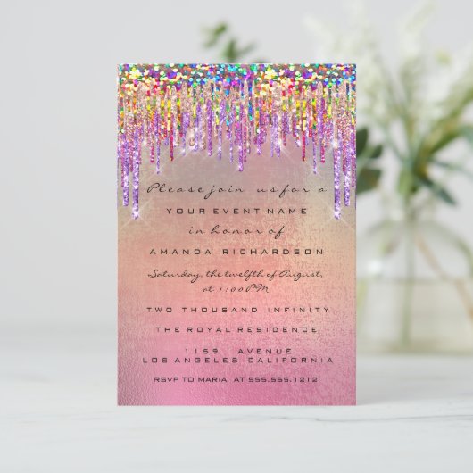 Glitzer Tropfen Rose Bridal 16. Rainbow Unicorn Einladung (Stehend Vorderseite)