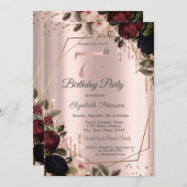 Glitzer Tropfen Rose Dunkle Blume 75. Einladung (Vorne/Hinten)