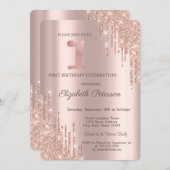 Glitzer Tropfen Rose Gold 1. Geburtstag Party Einladung (Vorne/Hinten)
