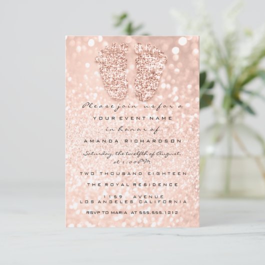 Glitzer Tropfen Rose Gold Baby Dusche Fußnote Einladung (Stehend Vorderseite)