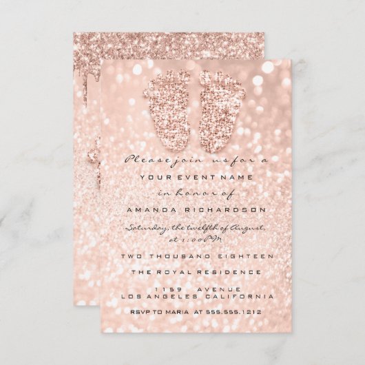 Glitzer Tropfen Rose Gold Baby Dusche Fußnote Einladung (Vorne/Hinten)