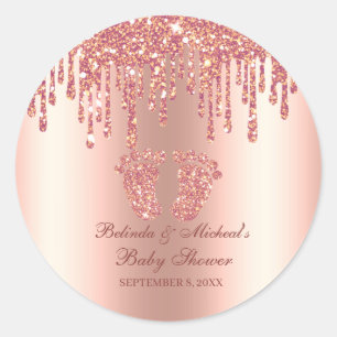 Glitzer Tropfen Rose Gold Baby Feet Babydusche Runder Aufkleber