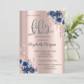 Glitzer Tropfen Rose Gold Blue Blume 50. Geburtsta Einladung (Stehend Vorderseite)