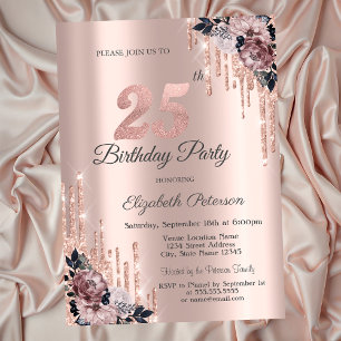 Glitzer Tropfen Rose Gold Blume 25. Geburtstag Einladung
