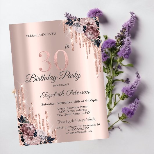 Glitzer Tropfen Rose Gold Blume 30. Geburtstag Einladung
