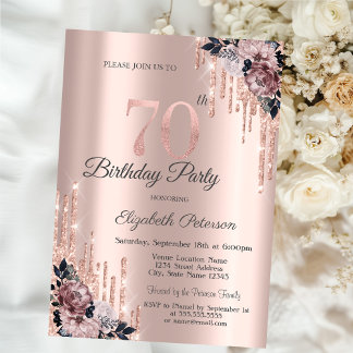 Glitzer Tropfen Rose Gold Blume 70. Geburtstag Einladung