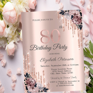 Glitzer Tropfen Rose Gold Blume 80. Geburtstag Einladung
