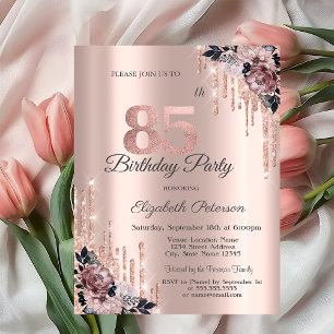 Glitzer Tropfen Rose Gold Blume 85. Geburtstag Einladung