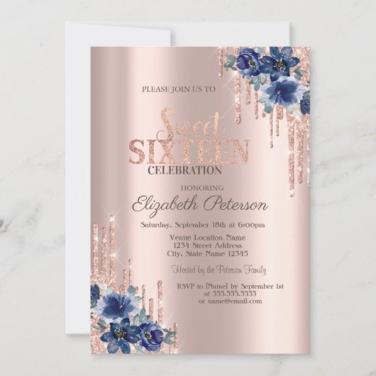 Glitzer Tropfen Rose Gold Blumen Sweet 16 Einladung (Vorderseite)