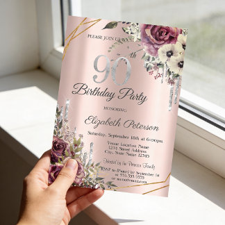 Glitzer Tropfen Rose Gold Floral 90. Geburtstag Einladung