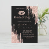 Glitzer Tropfen Rose Gold Lippen Schwarz Einladung (Stehend Vorderseite)