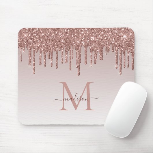 Glitzer Tropfen Rose Gold Monogram Elegantes Skrip Mousepad (Mit Mouse)