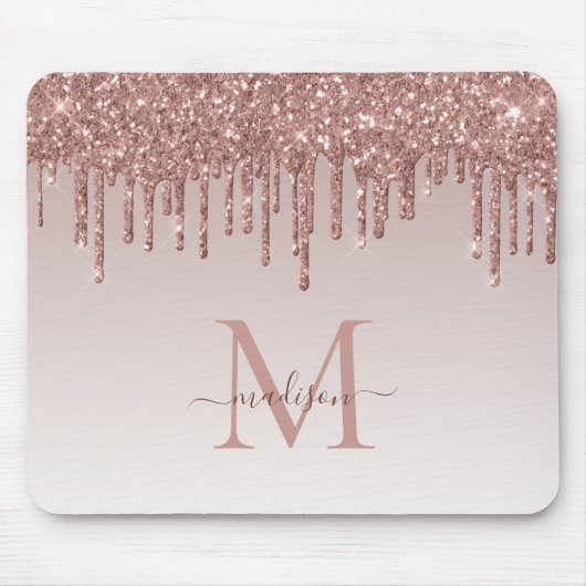 Glitzer Tropfen Rose Gold Monogram Elegantes Skrip Mousepad (Vorne)