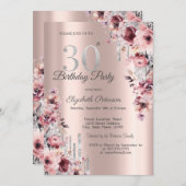 Glitzer Tropfen Rose Gold Pink Blüte 30. Geburtsta Einladung (Vorne/Hinten)