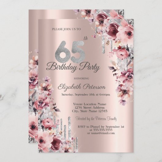 Glitzer Tropfen Rose Gold Pink Blüte 65. Geburtsta Einladung (Vorne/Hinten)