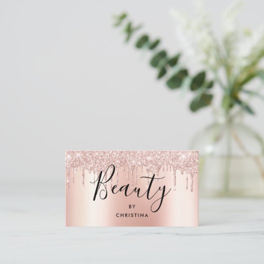 Glitzer Tropfen Rose Gold Schönheitssalon aus Meta Visitenkarte (Stehend Vorderseite)