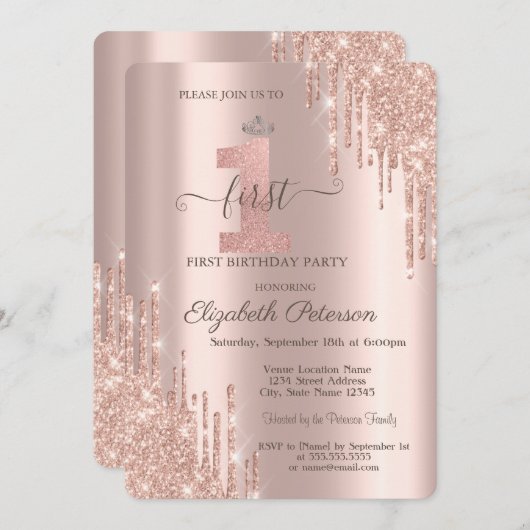 Glitzer Tropfen Rose Gold Silver Tiara 1. Geburtst Einladung (Vorne/Hinten)