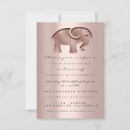 Glitzer Tropfen Rose Kinderdusche Elefant Neu Einladung (Vorderseite)