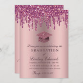 Glitzer Tropfen Rose Rosa Abschluss Einladung (Vorne/Hinten)