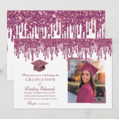 Glitzer Tropfen Rose Rosa Abschluss Foto Einladung (Vorne/Hinten)
