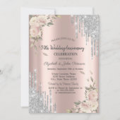 Glitzer Tropfen, Rose, Rose Gold Hochzeit Jahresta Einladung (Vorderseite)