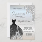 Glitzer-Tropfen, Schwarz-Dress, Eiffel-Quinceañera Einladung (Vorderseite)