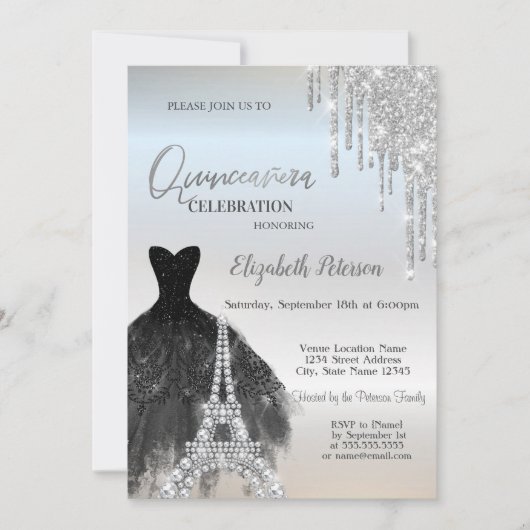 Glitzer-Tropfen, Schwarz-Dress, Eiffel-Quinceañera Einladung (Vorderseite)