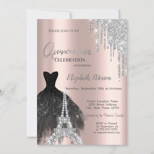 Glitzer-Tropfen, Schwarz-Dress, Eiffelturm Quinceñ Einladung (Vorderseite)