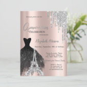 Glitzer-Tropfen, Schwarz-Dress, Eiffelturm Quinceñ Einladung (Stehend Vorderseite)