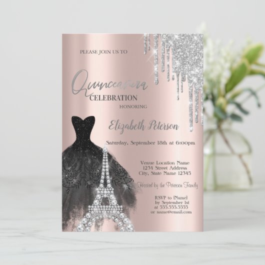 Glitzer-Tropfen, Schwarz-Dress, Eiffelturm Quinceñ Einladung (Stehend Vorderseite)