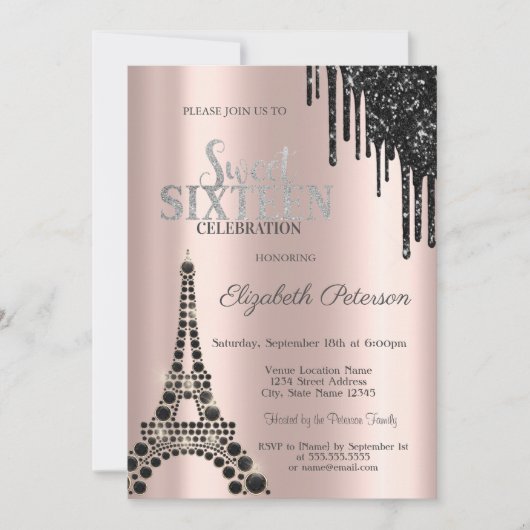 Glitzer Tropfen, Schwarzer Eiffelturm Süß 16 Einladung (Vorderseite)