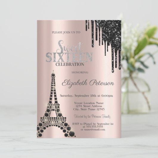 Glitzer Tropfen, Schwarzer Eiffelturm Süß 16 Einladung (Stehend Vorderseite)