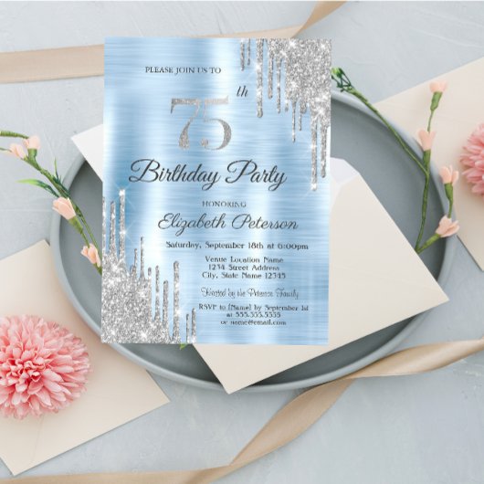 Glitzer Tropfen Silver 75. Geburtstag Einladung
