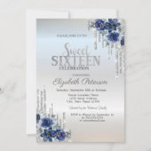 Glitzer Tropfen Silver Blue Blumen Sweet 16 Einladung (Vorderseite)