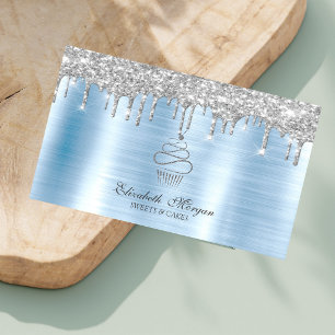 Glitzer Tropfen Silver Cupcake Bäckerei Blue Metal Visitenkarte