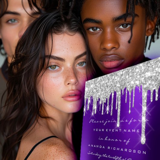 Glitzer Tropfen Silver Lila Bridal Sweet 16. Einladung