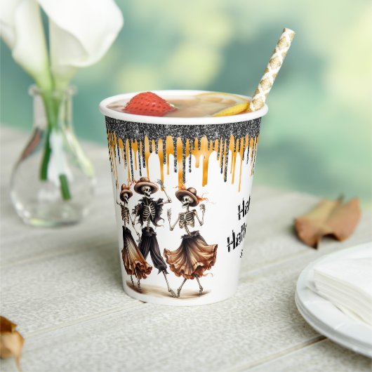 Glitzer Tropfen tanzen Skelett Halloween-Party Pappbecher (In Situ)