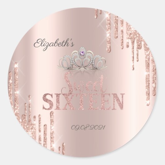 Glitzer Tropfen Tiara Rose Gold Sweet 16 Runder Aufkleber (Vorderseite)