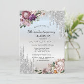 Glitzer-Tropfen, Tropische Blume Silberhochzeit Einladung (Stehend Vorderseite)