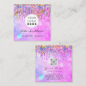 Glitzer Tropfen Unicorn Rainbow Holograph QRCodeLo Quadratische Visitenkarte (Vorne/Hinten)