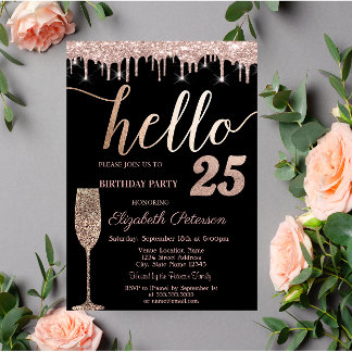 Glitzer Tropfen, Weinglas 25. Geburtstagsparty I Einladung